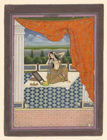 Mughal School, Heroine Arranging Her Hair while Awaiting Her Lover (Vasakasajja Nayika), early 19th century