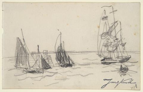 Johan Barthold Jongkind, Small Sailboats and a Three-Master, 19th century