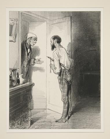 Paul Gavarni, Voila trois heures, voisin, trois heures, que vous nous jouez de ce flageolet, et vous me permettrez..., 1844