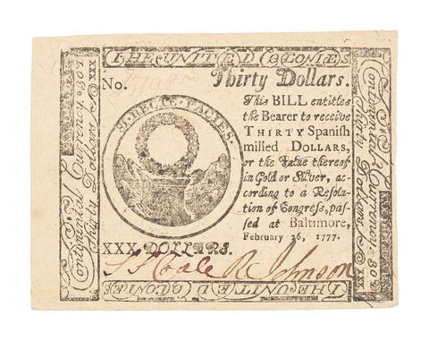 Hall and Sellers, Thirty dollar bill (continental currency) from Baltimore, 1777