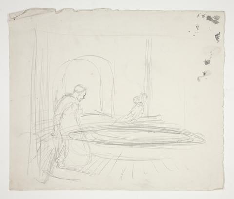 Edwin Austin Abbey, Unidentified illustration- Interior with figures, bloth sides of page, n.d.