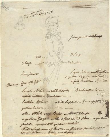 John Trumbull, Study for the figure of Count Deuxponts of the French Infantry from the Surrender of Lord Cornwallis (with notes on uniform, colours), n.d.