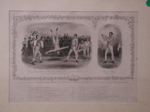 Ellis, Bishop Sharpe, Born 1794 and Bishop Sharpe's fight with J. Street (Greenwich Coachman) ? a side 100r. 1h. 45m. Charlton 1819 and caus'd him to rise in the Air as shown in this engraving. A list of successful battles by Bishop Sharpe. Weight 10st., ca. 1820