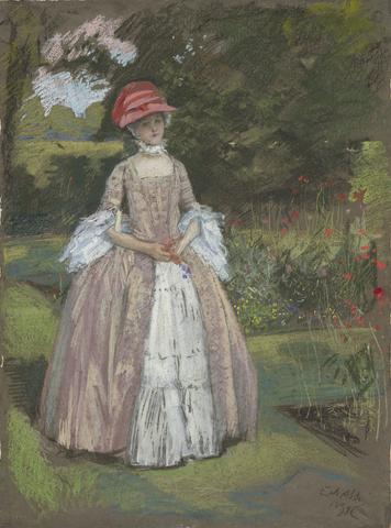Edwin Austin Abbey, Study, Woman in mauve and white dress in garden, 1894