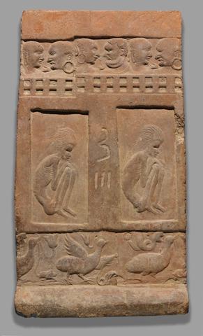 Unknown, Tile with Ascetics, Figures on Balconies, and Ducks, 5th–6th century C.E.