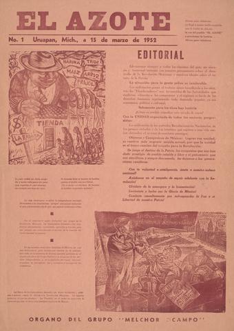 Manuel Pérez Coronado, "El azote," no. 1, Uruapan, Mich., a 15 de marzo de 1952 (The Scourge, No. 1, Uruapan, Mich., March 15, 1952), 1952