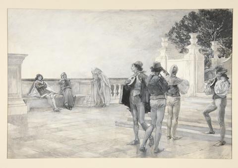 Edwin Austin Abbey, Balthazar sings: "Sigh no more, ladies, sigh no more; Men were deceivers ever," illustration for Act II, Scene iii, Much Ado About Nothing, 1890