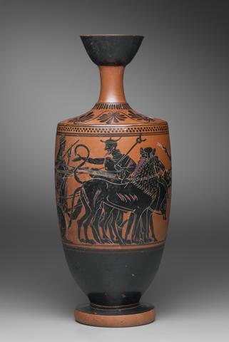 Edinburgh Painter, Black-figure lekythos showing Apollo mounting a chariot drawn by lions, a wolf, and a boar, ca. 500–490 B.C.