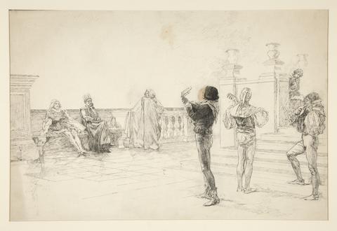 Edwin Austin Abbey, Balthazar sings: "Sigh no more, ladies" (study for .1004) - Act II, Scene III, Much Ado About Nothing, ca. 1891