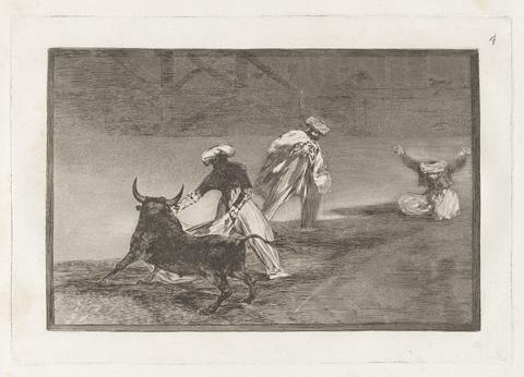 Francisco Goya, Capean otro encerrado (They Play Another with the Cape in the Enclosure), Plate 4 from La tauromaquia, 1816