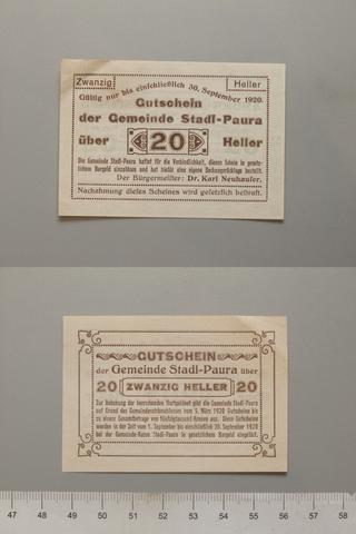 Stadl-Paura, 20 Heller from Stadl-Paura, Austria, Notgeld, 1920