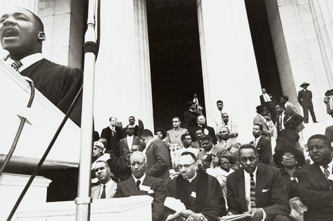 Lee Friedlander, Reverend Martin Luther King, Jr. (at podium); first row: Roy Wilkins, A. Philip Randolph, Reverend Thomas J. Kilgore, Jr., unknown, and Ralph Abernathy; Vivian Carter Mason (second row right), from the series Prayer Pilgrimage for Freedom, 1957, printed later