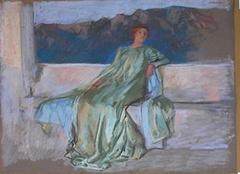 Edwin Austin Abbey, Study, Lady in green dress seated on stone ledge, late 19th–early 20th century
