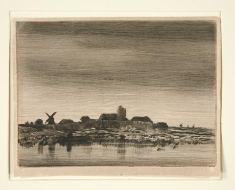 Charles-Émile Jacque, Untitled [rural landscape near body of water with four wind mills], mid 19th century