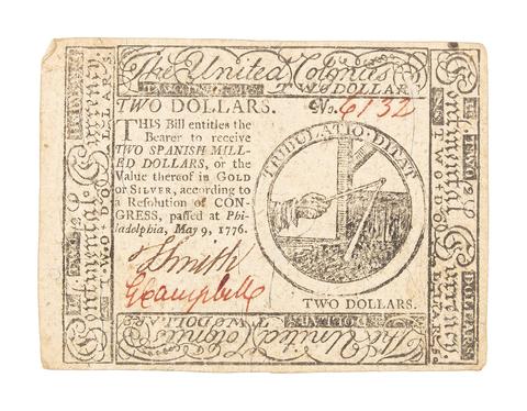Hall and Sellers, Two dollar bill (continental currency) from Philadelphia, 1776