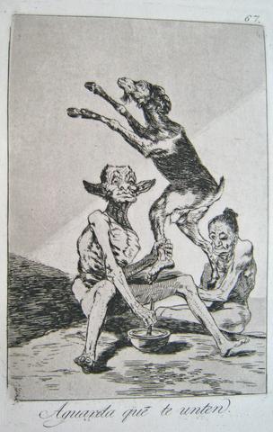 Francisco Goya, Aguarda que te unten. (Wait Till You've Been Annointed.), pl. 67 from the series Los caprichos, 1797–98 (edition of 1881–86)