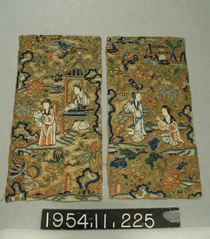 Unknown, Pair of Embroidered Panels with Figures in a Garden, 19th century