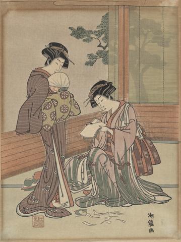 Isoda Koryūsai, Two Women, one cutting paper and the other watching, ca. 1770
