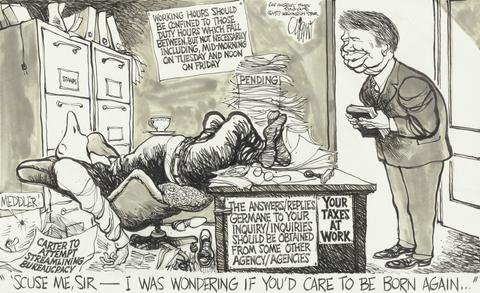 Patrick Bruce Oliphant, "'Scuse Me, Sir—I was Wondering If You'd Care To Be Born Again...", April 3, 1977