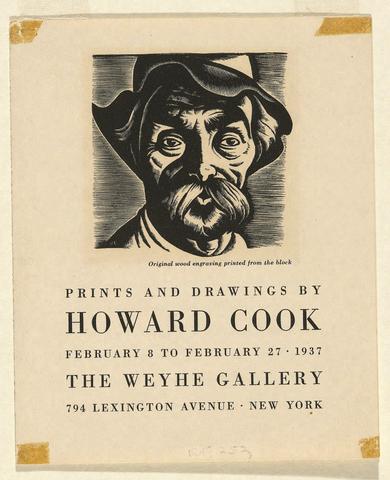 Howard Cook, Self-Portrait for an exhibition announcement; Prints and Drawings by Howard Cook/February 8 - February 27, 1937/Weyhe Gallery, New York, 1937