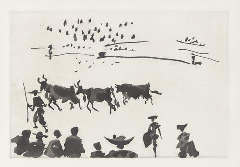 Pablo Picasso, Los cabestros retiran al toro manso (The Lead Bulls leave the Meek Bull), from the series La tauromaquia, 1957