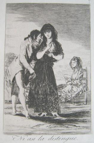 Francisco Goya, Ni asi la distingue. (Even Thus He Cannot Make Her Out.), pl. 7 from the series Los caprichos, 1797–98 (edition of 1881–86)