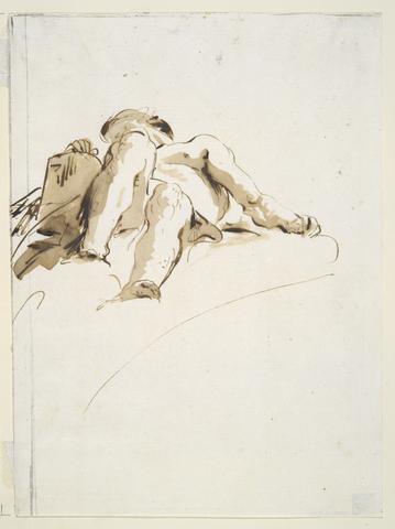 Giovanni Battista Tiepolo, Reclining male nude with right hand resting on a stone tablet, seen from below, ca. 1740–50