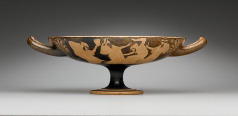 Oedipus Painter, Red-Figure Kylix showing Dionysos, Satyrs, Maenads, and Dancing Revelers in Fancy Ionian Dress, 470–460 B.C.