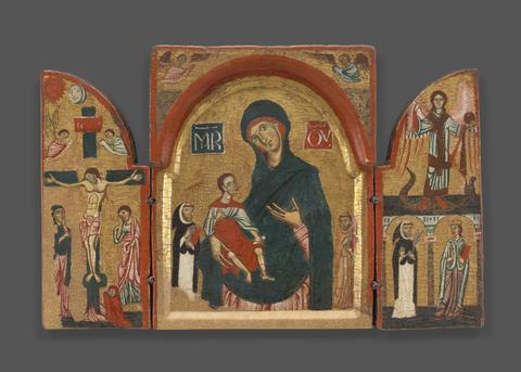 Follower of Meliore (Master of the Yale Dossal?), Triptych: Virgin and Child with Saints Dominic and Francis; Crucifixion with Penitent Magadalen; Saints Michael  the Archangel, Peter Martyr and Catherine of Alexandria, ca. 1270