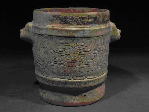 Unknown, Cylinder pedestal vase with incised faces and modeled jaguar head handles, A.D. 600–1200