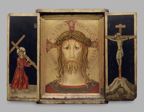 Benedetto Bonfigli, Christ Carrying the Cross; Christ the Redeemer; the Crucifixion, ca. 1455–1460