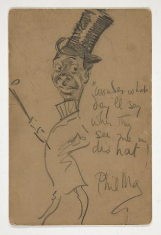 Edwin Austin Abbey, "Wonder what dey'll say when they see me in dis hat" - Caricature of a black man, menu dated 1898
