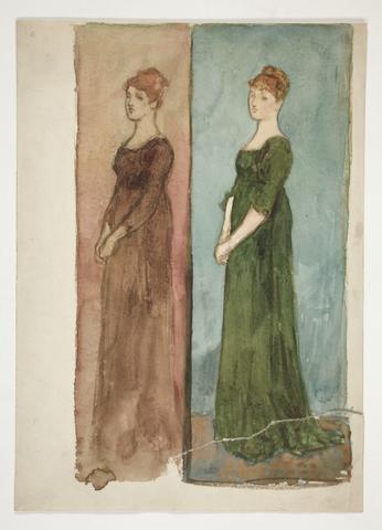 Edwin Austin Abbey, Two sketches of a woman (dressed in red, in green) - costume studies for a play?, n.d.