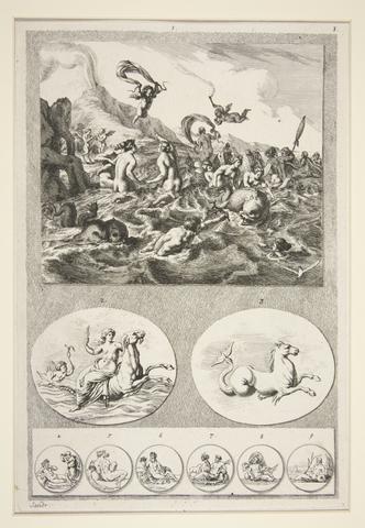 Joachim von Sandrart, Top half: Nereids Sporting Bottom half: Two Reliefs and Six Coins... both from the illustrations of the Iconologica Deorum, 1680