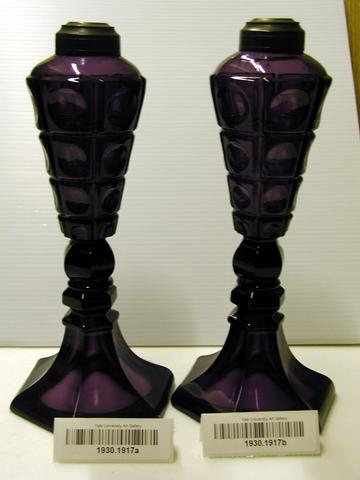 Boston and Sandwich Glass Works, Pair of purple glass lamps, 1840–50