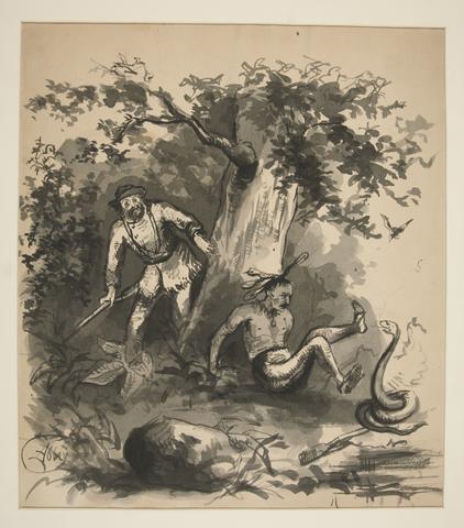 Edwin Austin Abbey, Woodland scene of a hunter, an Indian, and a snake - unidentified illustration, n.d.