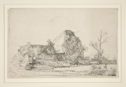Rembrandt (Rembrandt van Rijn), Cottages and Farm Buildings with a Man Sketching, ca. 1645