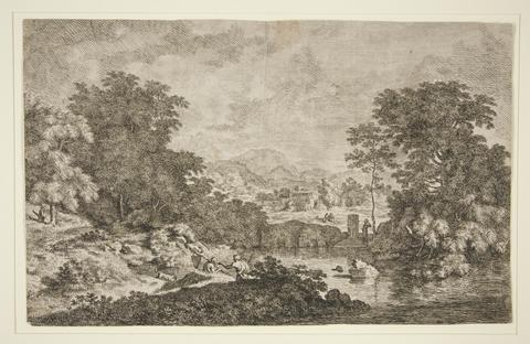Unknown, Untitled [Pastoral scene - mountainous landscape near body of water and five figures], n.d.