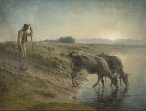 Jean-François Millet, Peasant Watering his cows on the bank of the Allier River, dusk, ca. 1868