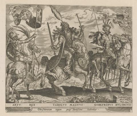 Harmen Jansz. Muller, King Arthur, Charlemagne and Godfrey of Bouillon, pl. 3 from the series The Nine Worthies, ca. 1567