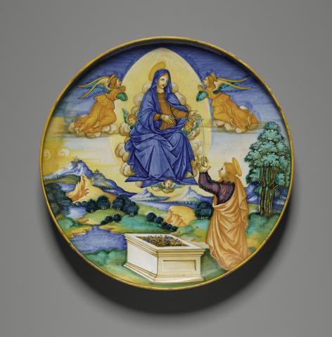 Nicola da Urbino, Footed Dish with the Virgin Handing Her Girdle to Saint Thomas, ca. 1530–35