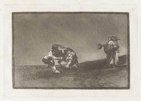 Francisco Goya, El mismo vuelca un toro en la plaza de Madrid (The Same Man Throws a Bull in the Ring at Madrid), Plate 16 from La tauromaquia, 1816