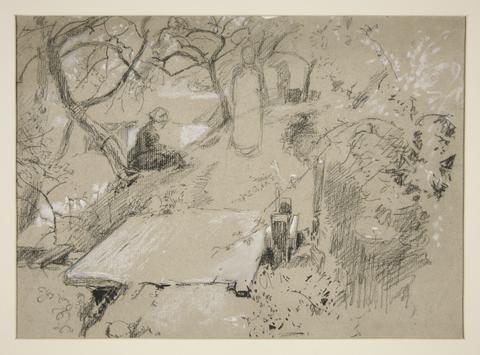 Edwin Austin Abbey, Woman seated on bench in a garden or public park - unidentified illustration, n.d.