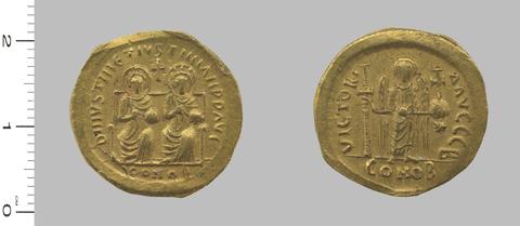 Justin I, Emperor of Byzantium, Solidus of Justin I, Emperor of Byzantium; Justinian I, Emperor of Byzantium from Constantinople, 527