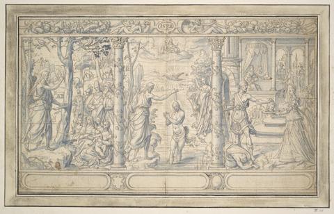 Unknown Artist (probably French), Three Scenes from the Life of St. John the Baptist ; John the Baptist preaching, Baptism of Christ, Beheading of John the Baptist, 1572