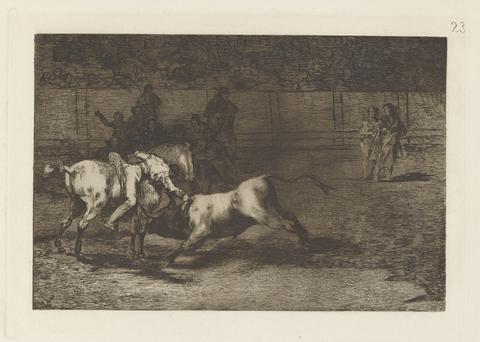 Francisco Goya, Mariano Ceballos, alias el Indio, mata el toro desde su caballo (Mariano Ceballos, Alias the Indian, Kills the Bull from his Horse), Plate 23 from La tauromaquia, 1876