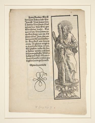 Lucas Cranach the Elder, Saint Andrew, verso: Reliquary for Saint Thomas' s Arm, from Hallesche Heiltums buch, ca. 1510