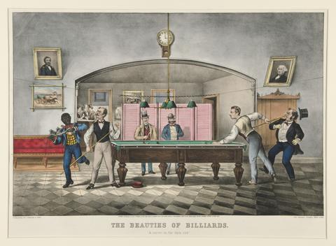 Currier & Ives, The Beauties of Billiards. "A carom on the dark red.", Copyright 1869