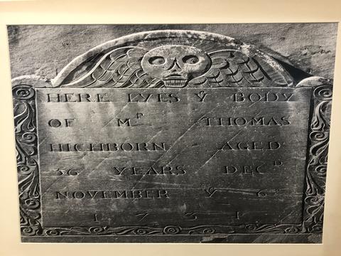 Daniel Farber, Gravestone of Mr. Thomas Highborn, 1731 in Granary (stone); 1974 (photo)
