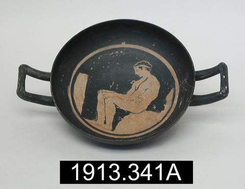 Argonaut Painter, Nude Youth Seated on a Rock: red-figure stemless kylix, ca. 370 B.C.